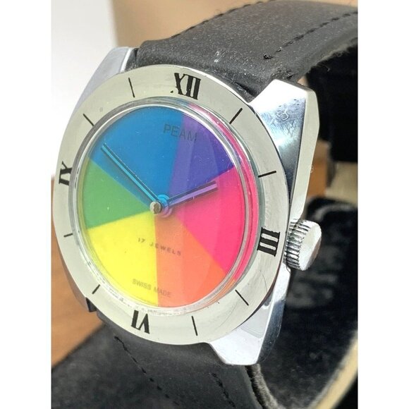 Peam Mens Watch Vintage 70s Swiss Hand Wind Rainbow Dial Black Leather B…